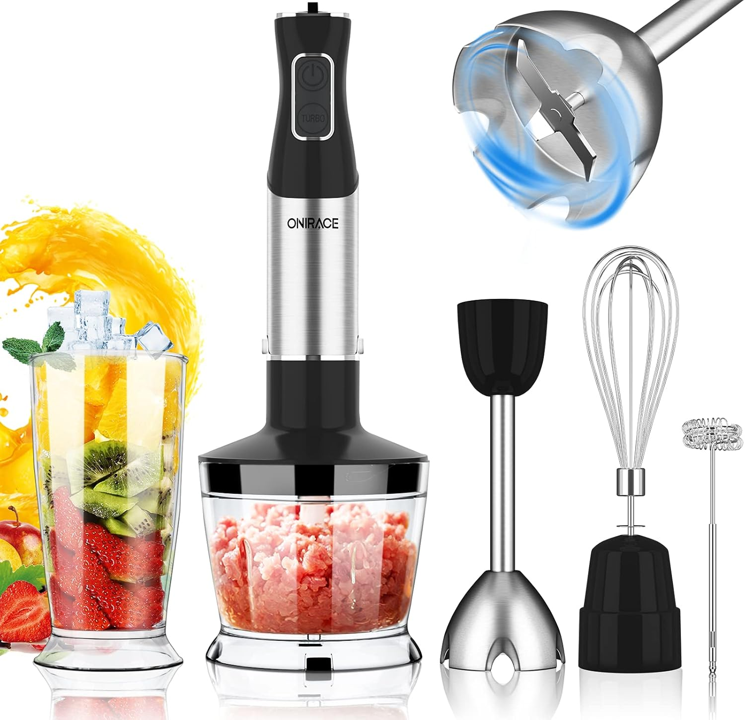 Immersion Blender, 5-In-1 Hand Blender Kits, 800W Powerful 12-Speed Handheld Stick Blender with Stainless Steel Blades, 500Ml Chopper, 600Ml Beaker, Egg Whisk, Milk Frother for Kitchen Multi-Purpose