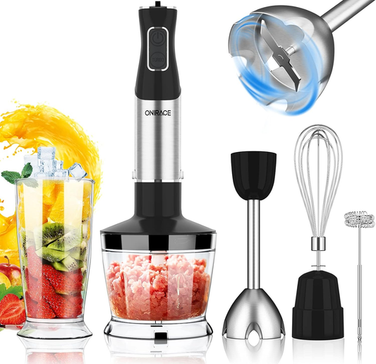 Immersion Blender, 5-In-1 Hand Blender Kits, 800W Powerful 12-Speed Handheld Stick Blender with Stainless Steel Blades, 500Ml Chopper, 600Ml Beaker, Egg Whisk, Milk Frother for Kitchen Multi-Purpose