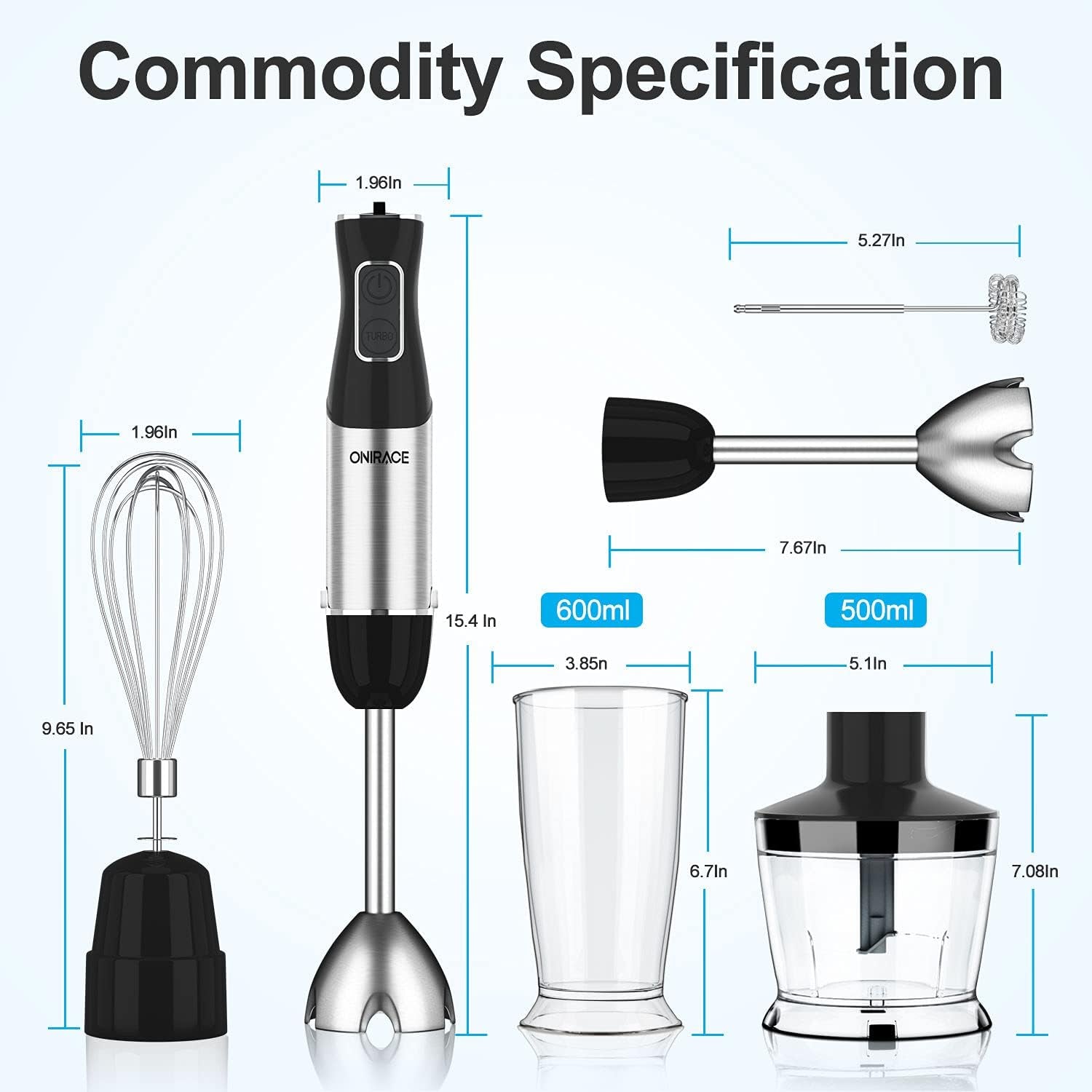 Immersion Blender, 5-In-1 Hand Blender Kits, 800W Powerful 12-Speed Handheld Stick Blender with Stainless Steel Blades, 500Ml Chopper, 600Ml Beaker, Egg Whisk, Milk Frother for Kitchen Multi-Purpose