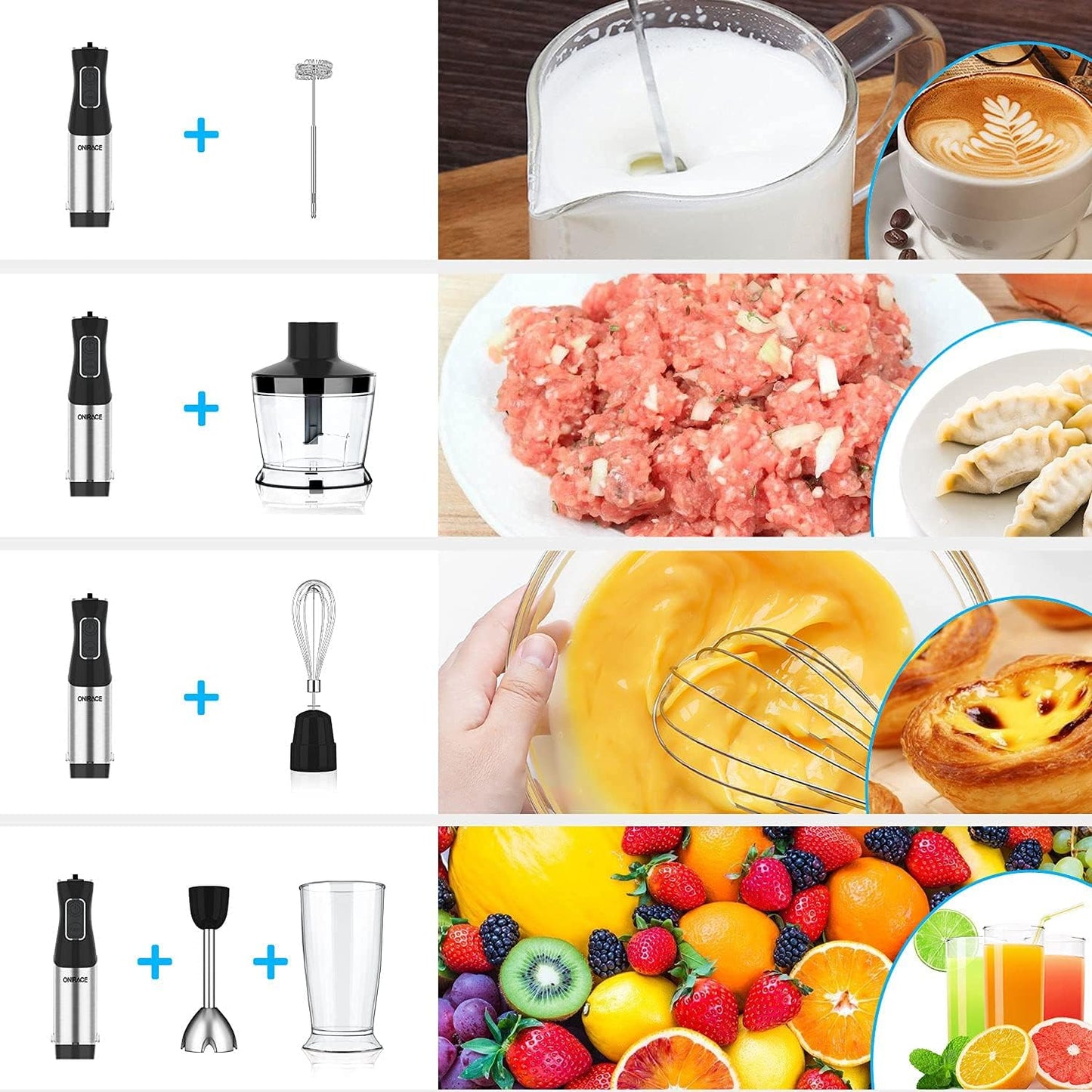 Immersion Blender, 5-In-1 Hand Blender Kits, 800W Powerful 12-Speed Handheld Stick Blender with Stainless Steel Blades, 500Ml Chopper, 600Ml Beaker, Egg Whisk, Milk Frother for Kitchen Multi-Purpose